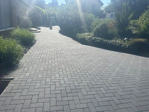 grau gepflasterter Weg zu mehreren Hauseingängen