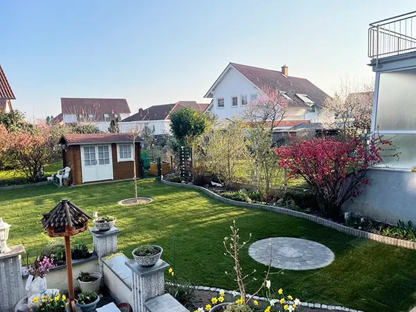 Anischt von Garten mit Gartenhütte und rotem Ahorn